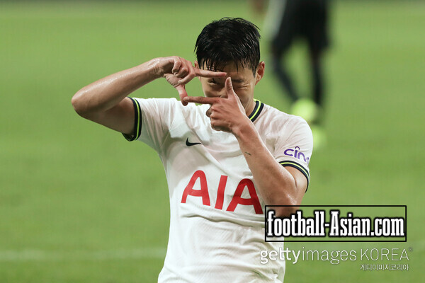 SEOUL, SOUTH KOREA - JULY 13: Son Heung-Min of Tottenham Hotspur scores the sixth goal during the preseason friendly match between Tottenham Hotspur and Team K League at Seoul World Cup Stadium on July 13, 2022 in Seoul, South Korea. (Photo by Han Myung-Gu/Getty Images)