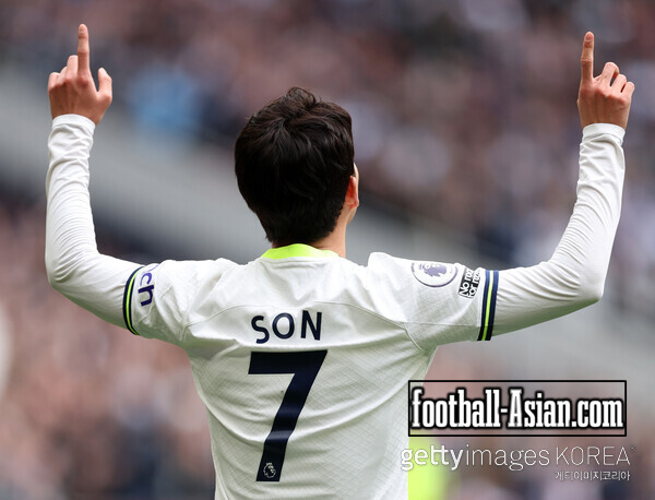 Son Heung-Min of Tottenham Hotspur celebrates after scoring the team's first goal during the Premier League match between Tottenham Hotspur and Brighton & Hove Albion at Tottenham Hotspur Stadium on April 08, 2023 in London, England. (Photo by Julian Finney/Getty Images)