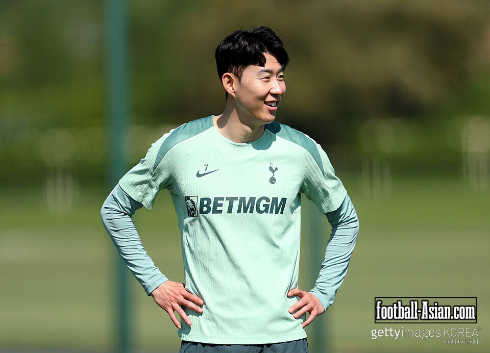 ENFIELD, ENGLAND - MAY 12: Son Heung-Min of Tottenham Hotspur looks on during a training session ahead of the UEFA Europa League Final at Tottenham Hotspur Training Centre on May 12, 2025 in Enfield, England. (Photo by Harry Murphy/Getty Images)