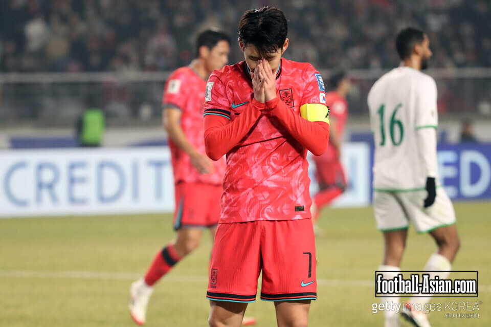 GOYANG, SOUTH KOREA - MARCH 20: Son Heung Min of South Korea reacts after missing a chance during the FIFA World Cup Asian Third Qualifier Group B match between South Korea and Oman at Goyang Stadium on March 20, 2025 in Goyang, South Korea. (Photo by Chung Sung-Jun/Getty Images)