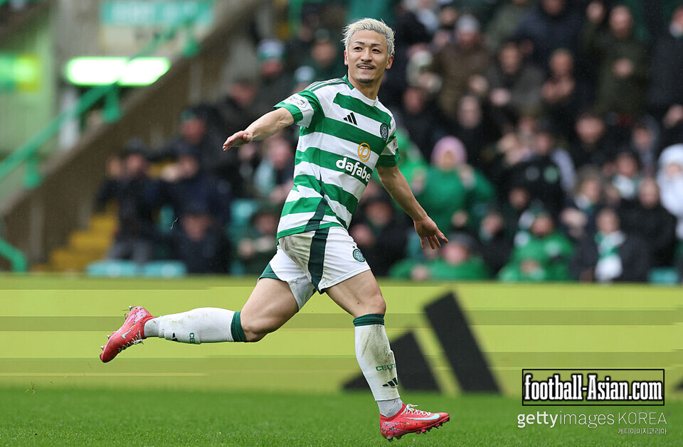 GLASGOW, SCOTLAND - MARCH 29: Daizen Maeda of Celtic reacts after scoring his team's first goal during the William Hill Premiership match between Celtic FC and Heart of Midlothian FC at Celtic Park on March 29, 2025 in Glasgow, Scotland. (Photo by Ian MacNicol/Getty Images)