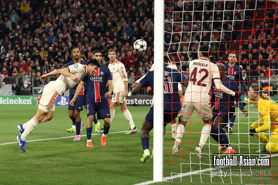 MUNICH, GERMANY - NOVEMBER 26: Kim Min-Jae of Bayern Munich scores his team's first goal during the UEFA Champions League 2024/25 League Phase MD5 match between FC Bayern München and Paris Saint-Germain at Football Arena Munich on November 26, 2024 in Munich, Germany. (Photo by Alexander Hassenstein/Getty Images)