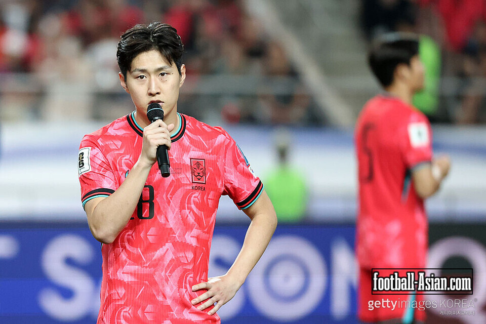 SEOUL, SOUTH KOREA - JUNE 10: Lee Kangin of South Korea speaks after the FIFA World Cup Asian Third Qualifier Group B match between South Korea and Kuwait at Seoul World Cup Stadium on June 10, 2025 in Seoul, South Korea. (Photo by Chung Sung-Jun/Getty Images)