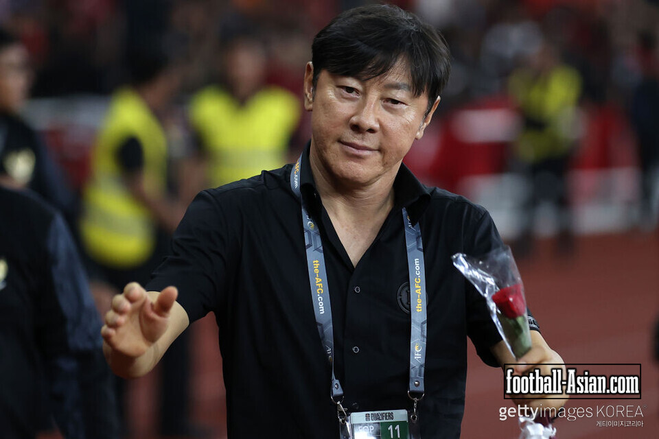JAKARTA, INDONESIA - JUNE 11: Head coach Shin Tae-yong of Indonesia acknowledge fans after the FIFA World Cup Asian second qualifier Group F match between Indonesia and Philippines at Gelora Bung Karno Stadium on June 11, 2024 in Jakarta, Indonesia. (Photo by Robertus Pudyanto/Getty Images)