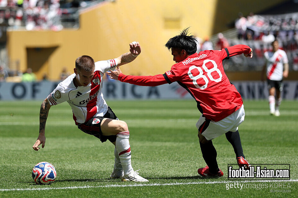 SEATTLE, WASHINGTON - JUNE 17: Franco Mastantuono #30 of CA River Plate is challenged by Yoichi Naganuma #88 of Urawa Red Diamonds during the FIFA Club World Cup 2025 group E match between CA River Plate and Urawa Red Diamonds at Lumen Field on June 17, 2025 in Seattle, Washington. (Photo by Buda Mendes/Getty Images)