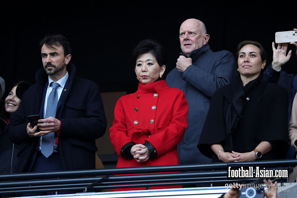 LYON, FRANCE - MARCH 26: Olympique Lyonnais President, Michele Kang, looks on from the stands during the UEFA Women's Champions League Quarter Finals Second Leg match between Olympique Lyonnais and FC Bayern München at OL Stadium on March 26, 2025 in Lyon, France. (Photo by Catherine Steenkeste/Getty Images)