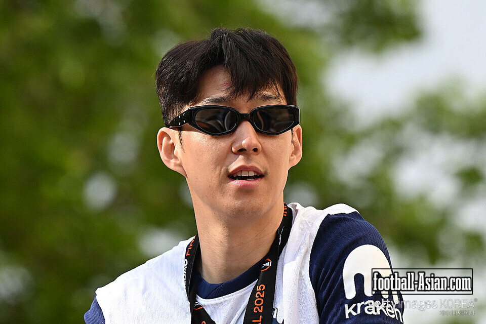 LONDON, ENGLAND - MAY 23: Son Heung-Min of Tottenham Hotspur looks on during the Tottenham Hotspur UEFA Europa League trophy parade on May 23, 2025 in London, England. Spurs defeated Manchester United in the final in Bilbao on May 21 to win their first major trophy in 17 years. (Photo by Leon Neal/Getty Images)