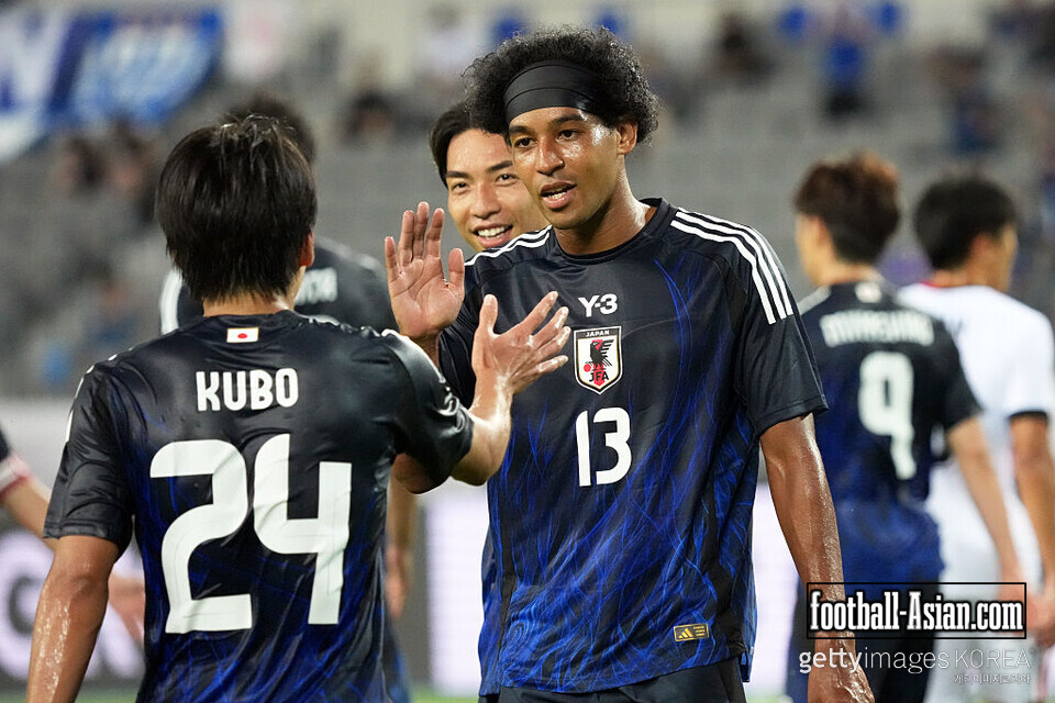 YONGIN, SOUTH KOREA - JULY 08: Ryo Germain #13 of Japan celebrates his fourth goal during the EAFF E-1 Men's Football Championship match between Japan and Hong Kong at Yongin Mireu Stadium on July 08, 2025 in Yongin, South Korea. (Photo by Koji Watanabe/Getty Images)