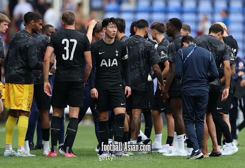 READING, ENGLAND - JULY 19: Heung-Min Son of Tottenham Hotspur reacts during the pre-season friendly match between Reading and Tottenham Hotspur at Select Car Leasing Stadium on July 19, 2025 in Reading, England. (Photo by Ryan Pierse/Getty Images)