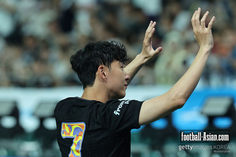 SEOUL, SOUTH KOREA - AUGUST 03: Heung Min Son of Tottenham Hotspur reacts after wiping away his tears during the pre-season friendly between Tottenham Hotspur and Newcastle United at Seoul World Cup Stadium on August 03, 2025 in Seoul, South Korea. (Photo by Han Myung-Gu/Getty Images)