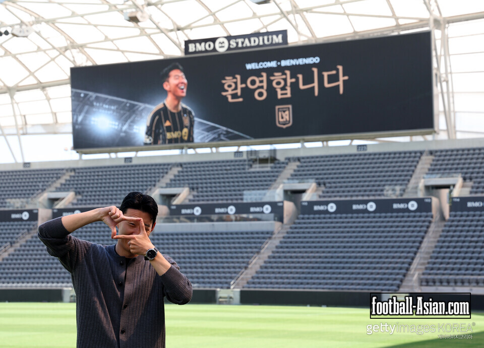 LOS ANGELES, CALIFORNIA - AUGUST 6: Son Hueng-Min of Los Angeles Football Club poses on the pitch after he was introduced during a news conference at BMO Stadium on August 6, 2025 in Los Angeles, California. (Photo by Kevork Djansezian/Getty Images)