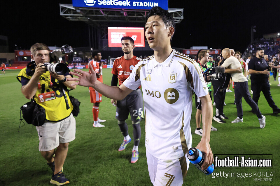 BRIDGEVIEW, ILLINOIS - AUGUST 09: Son Heung-Min #7 of Los Angeles FC gestures after the MLS match between Chicago Fire FC and Los Angeles Football Club at SeatGeek Stadium on August 09, 2025 in Bridgeview, Illinois. (Photo by Geoff Stellfox/Getty Images)