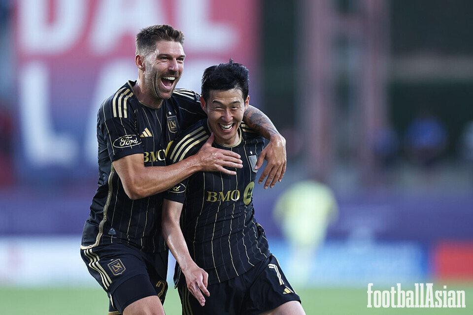 FRISCO, TEXAS - AUGUST 23: Son Heung-Min #7 of LAFC celebrates after scoring the opening goal during the MLS soccer game between FC Dallas and Los Angeles Football Club at Toyota Stadium on August 23, 2025 in Frisco, Texas. (Photo by Omar Vega/Getty Images)